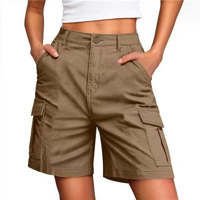 Women's Sporty Mid Waist Knee Length Shorts with 3D Pocket Contrast Panel Solid Color Casual Summer Bottoms for Outdoor Wear