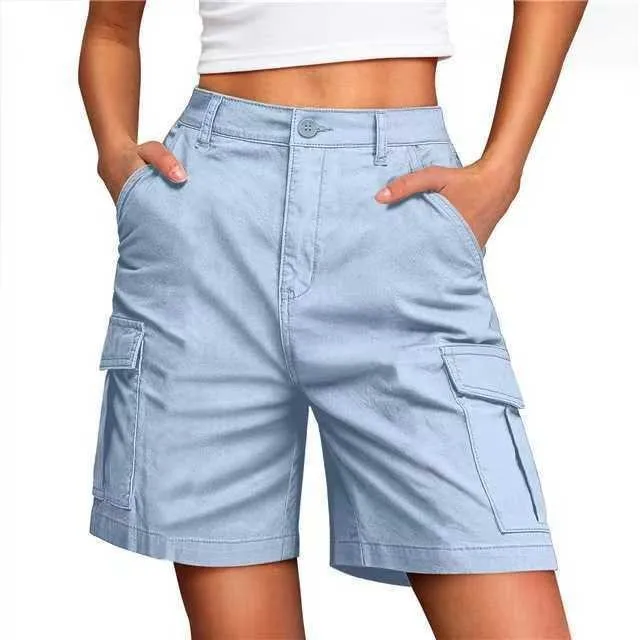 Women's Sporty Mid Waist Knee Length Shorts with 3D Pocket Contrast Panel Solid Color Casual Summer Bottoms for Outdoor Wear