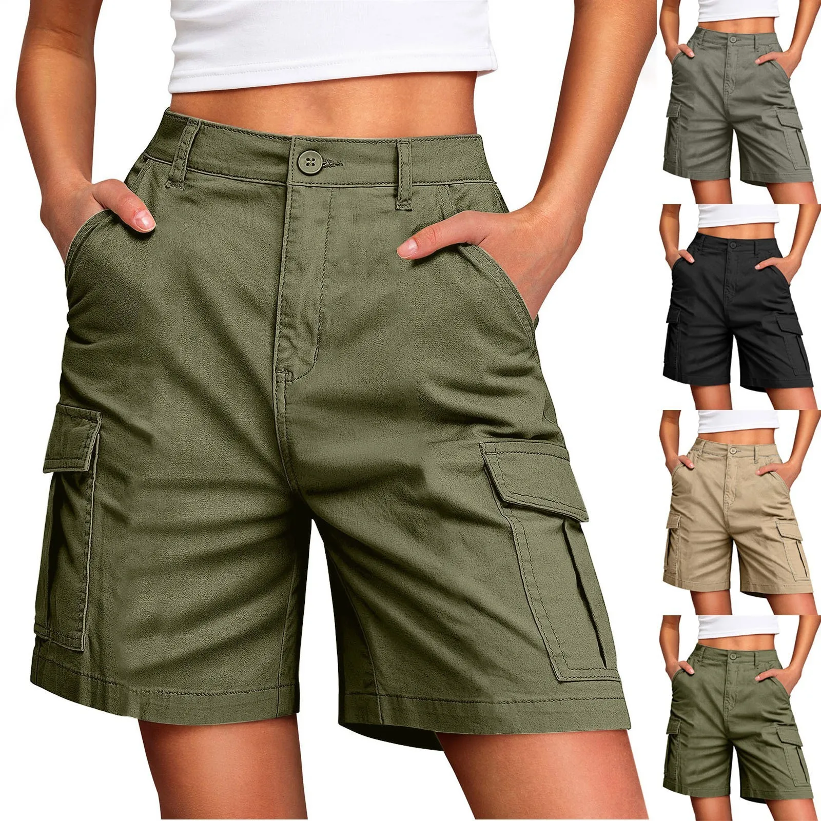 Women's Sporty Mid Waist Knee Length Shorts with 3D Pocket Contrast Panel Solid Color Casual Summer Bottoms for Outdoor Wear