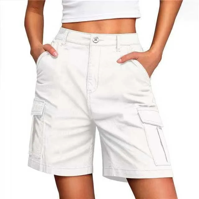 Women's Sporty Mid Waist Knee Length Shorts with 3D Pocket Contrast Panel Solid Color Casual Summer Bottoms for Outdoor Wear