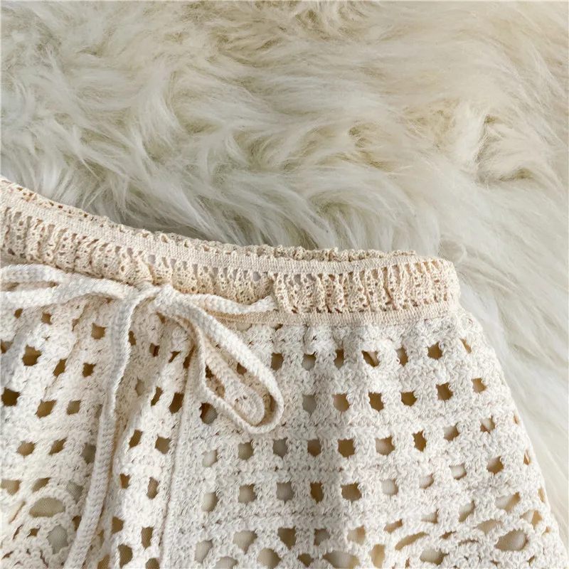 Boho Holiday Crochet Shorts for Women High Waist Hollow Out Lace-up Female Short Ladies Summer All-matching Trousers Dropship