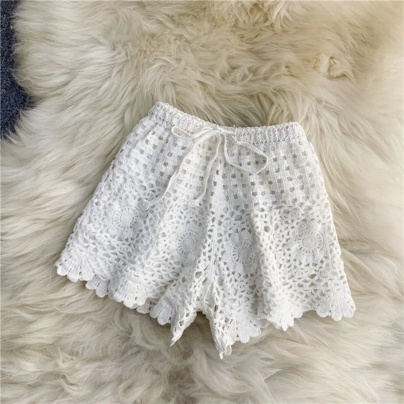 Boho Holiday Crochet Shorts for Women High Waist Hollow Out Lace-up Female Short Ladies Summer All-matching Trousers Dropship