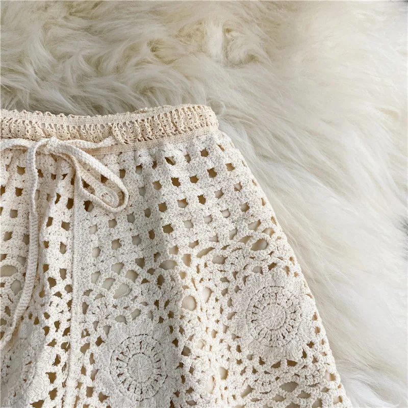 Boho Holiday Crochet Shorts for Women High Waist Hollow Out Lace-up Female Short Ladies Summer All-matching Trousers Dropship