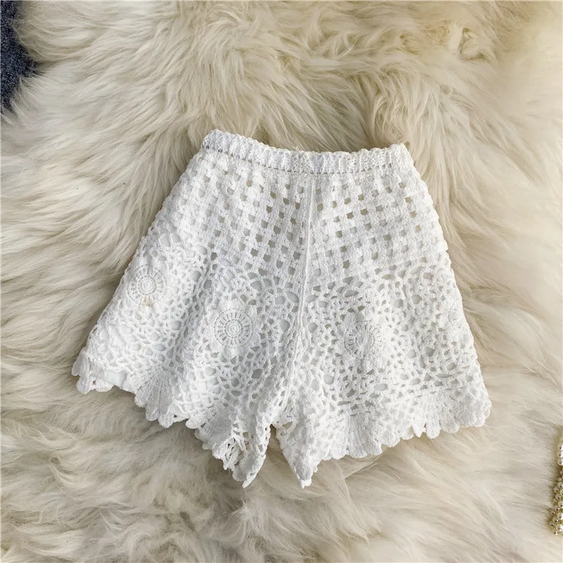 Boho Holiday Crochet Shorts for Women High Waist Hollow Out Lace-up Female Short Ladies Summer All-matching Trousers Dropship