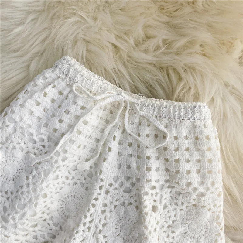 Boho Holiday Crochet Shorts for Women High Waist Hollow Out Lace-up Female Short Ladies Summer All-matching Trousers Dropship
