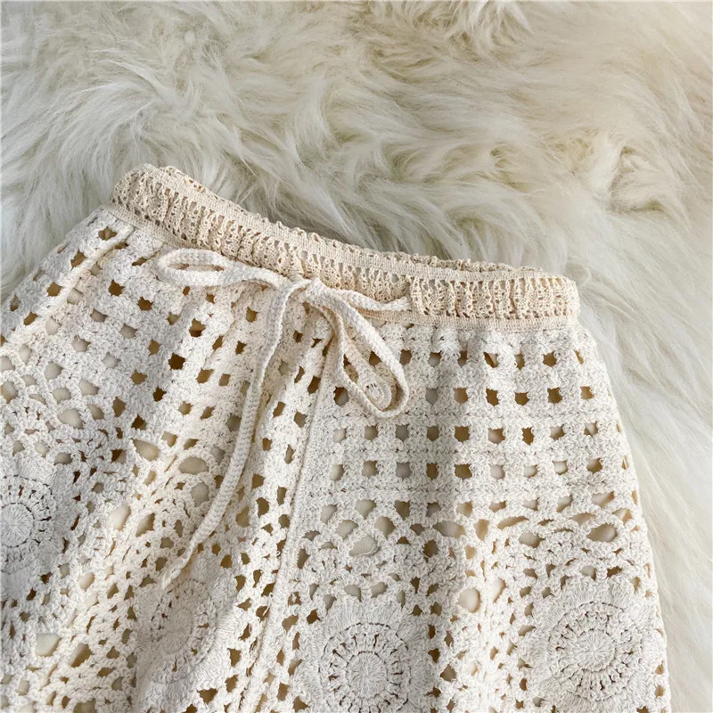 Boho Holiday Crochet Shorts for Women High Waist Hollow Out Lace-up Female Short Ladies Summer All-matching Trousers Dropship