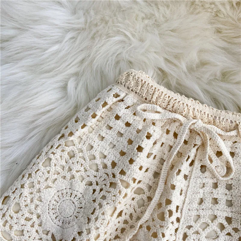 Boho Holiday Crochet Shorts for Women High Waist Hollow Out Lace-up Female Short Ladies Summer All-matching Trousers Dropship