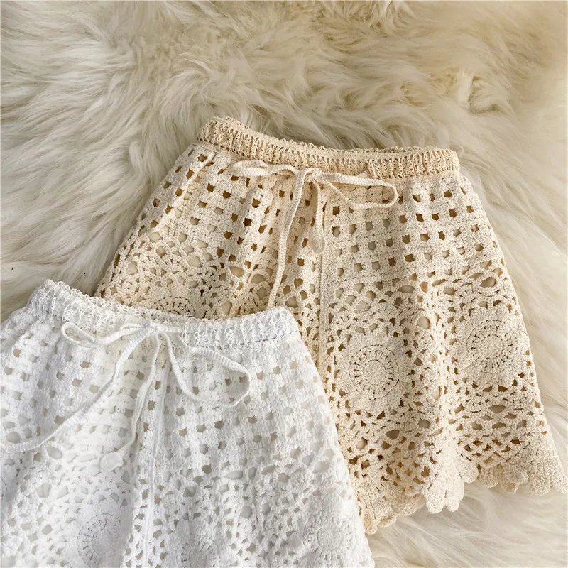 Boho Holiday Crochet Shorts for Women High Waist Hollow Out Lace-up Female Short Ladies Summer All-matching Trousers Dropship
