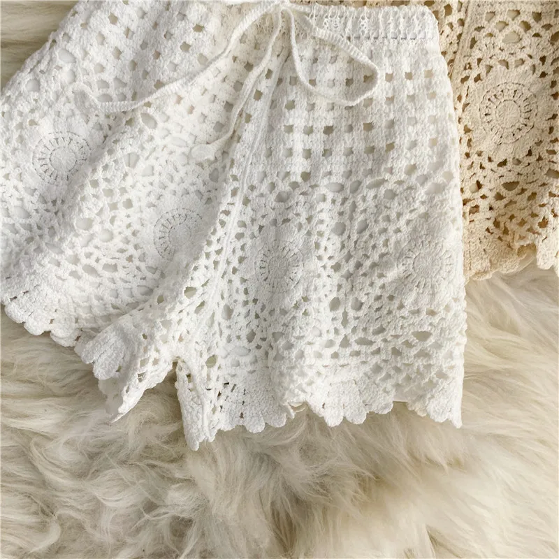 Boho Holiday Crochet Shorts for Women High Waist Hollow Out Lace-up Female Short Ladies Summer All-matching Trousers Dropship