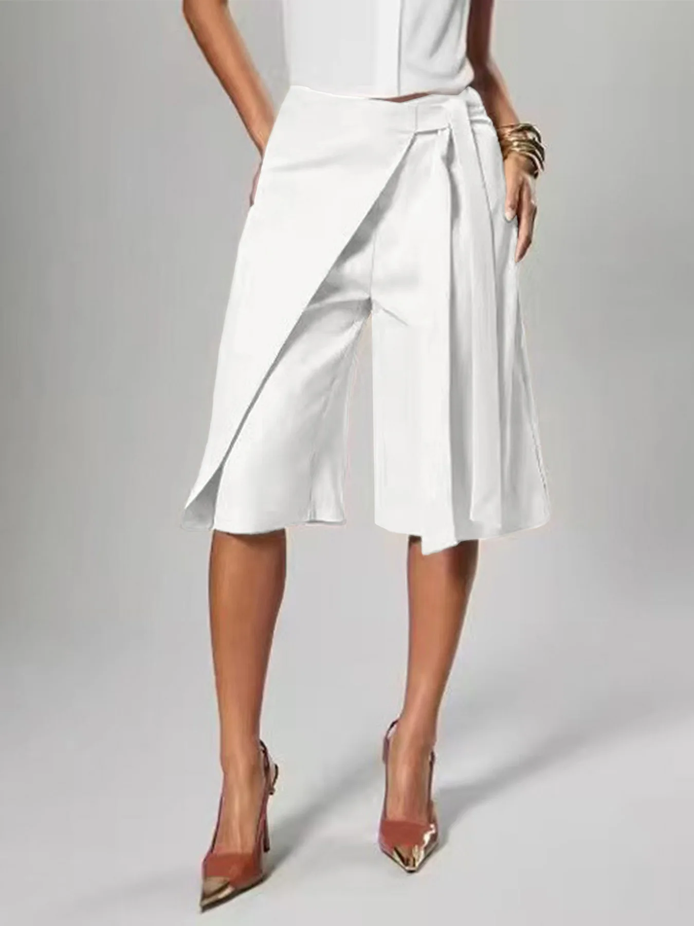 FAGADOER Women Wrap Front Bermuda Shorts High Waist Tie Wide Leg Culotte Pants Office Lady Casual Fashion Workwear Bottoms