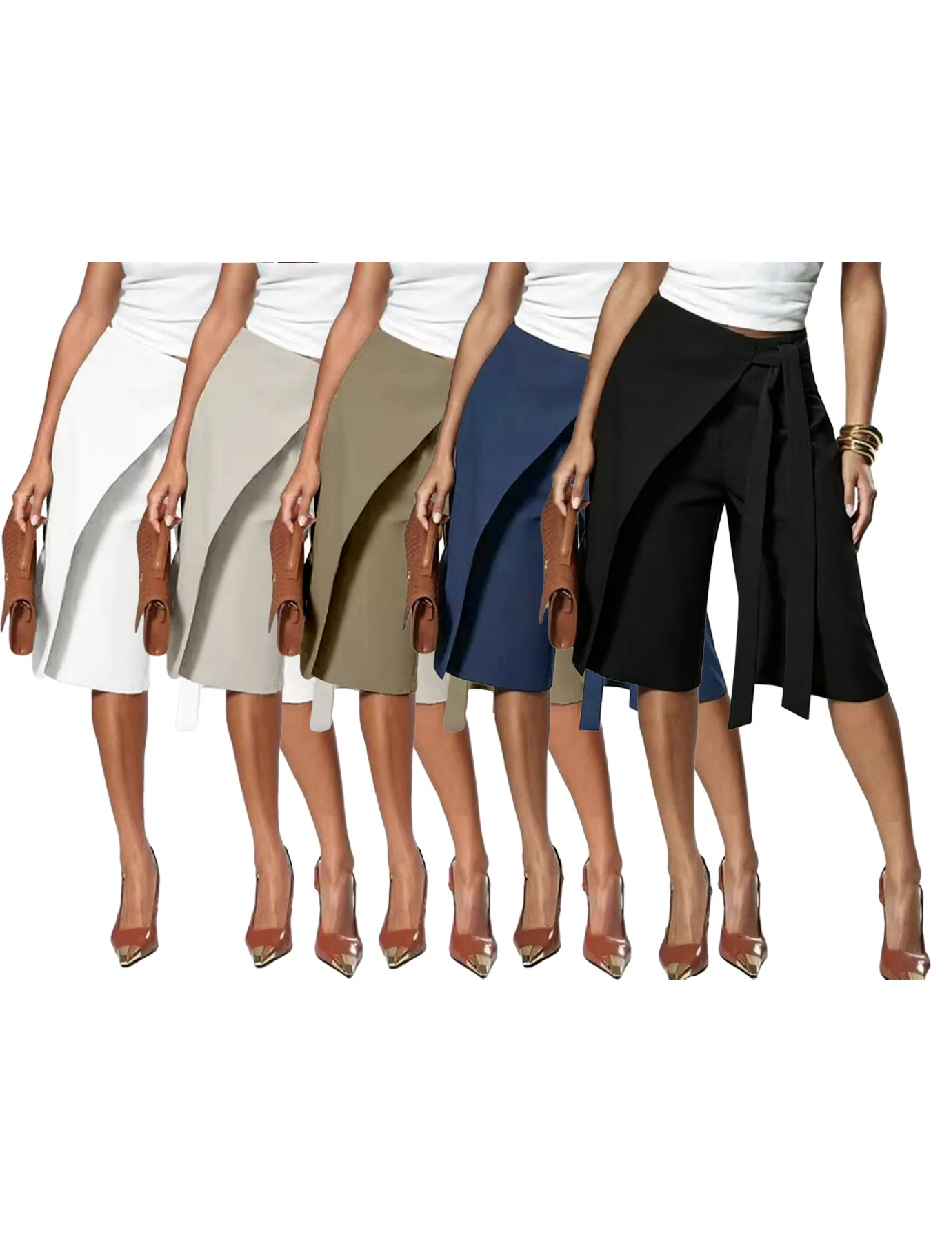 FAGADOER Women Wrap Front Bermuda Shorts High Waist Tie Wide Leg Culotte Pants Office Lady Casual Fashion Workwear Bottoms
