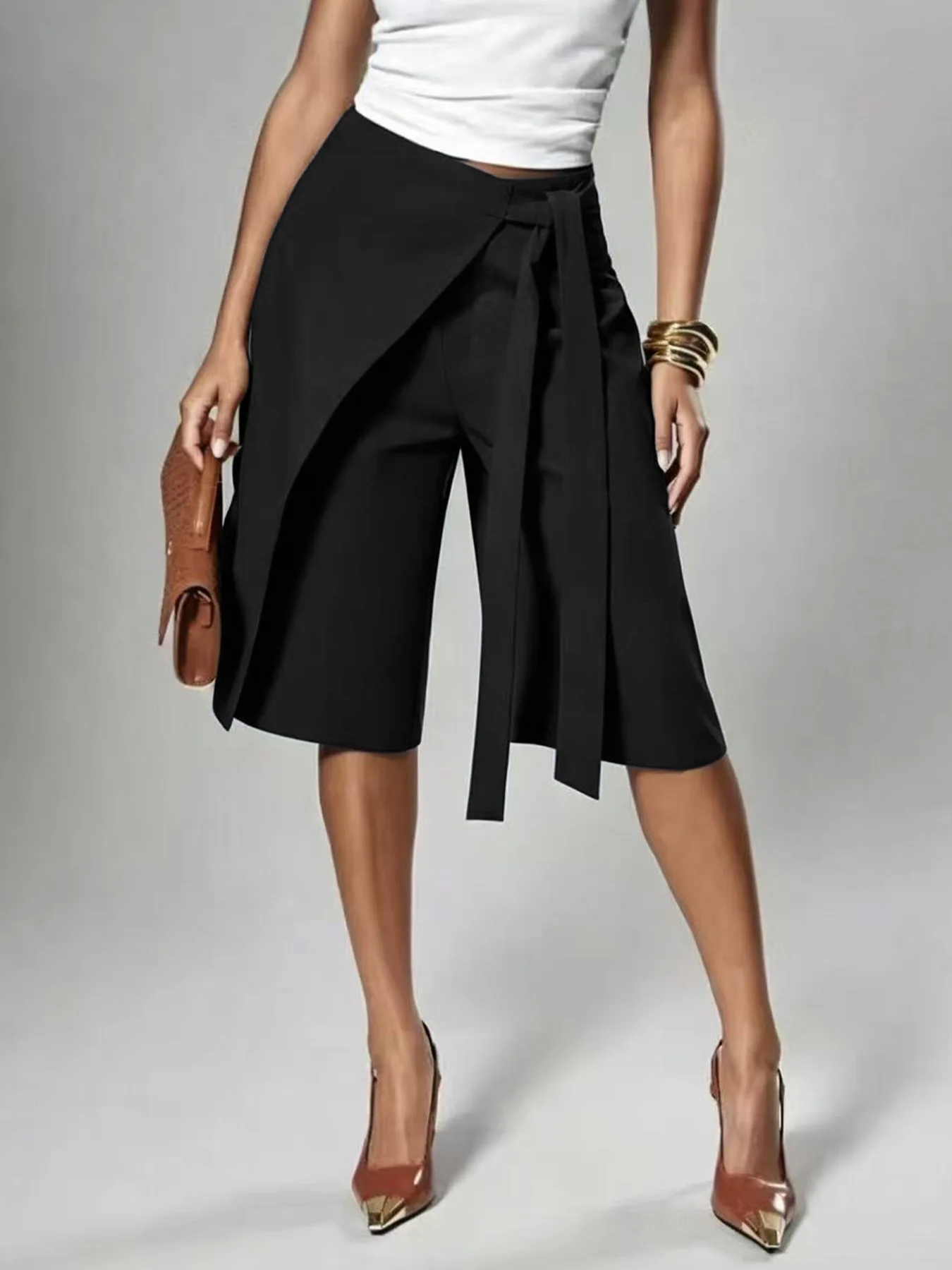 FAGADOER Women Wrap Front Bermuda Shorts High Waist Tie Wide Leg Culotte Pants Office Lady Casual Fashion Workwear Bottoms