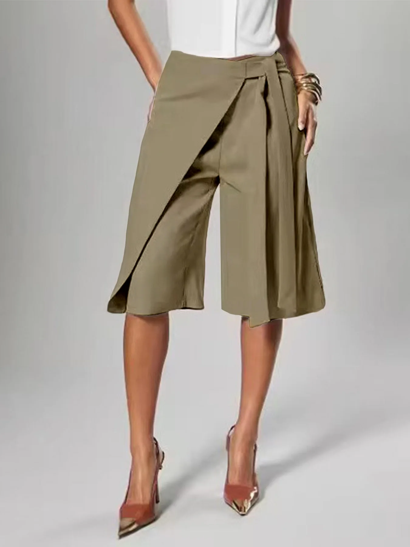 FAGADOER Women Wrap Front Bermuda Shorts High Waist Tie Wide Leg Culotte Pants Office Lady Casual Fashion Workwear Bottoms
