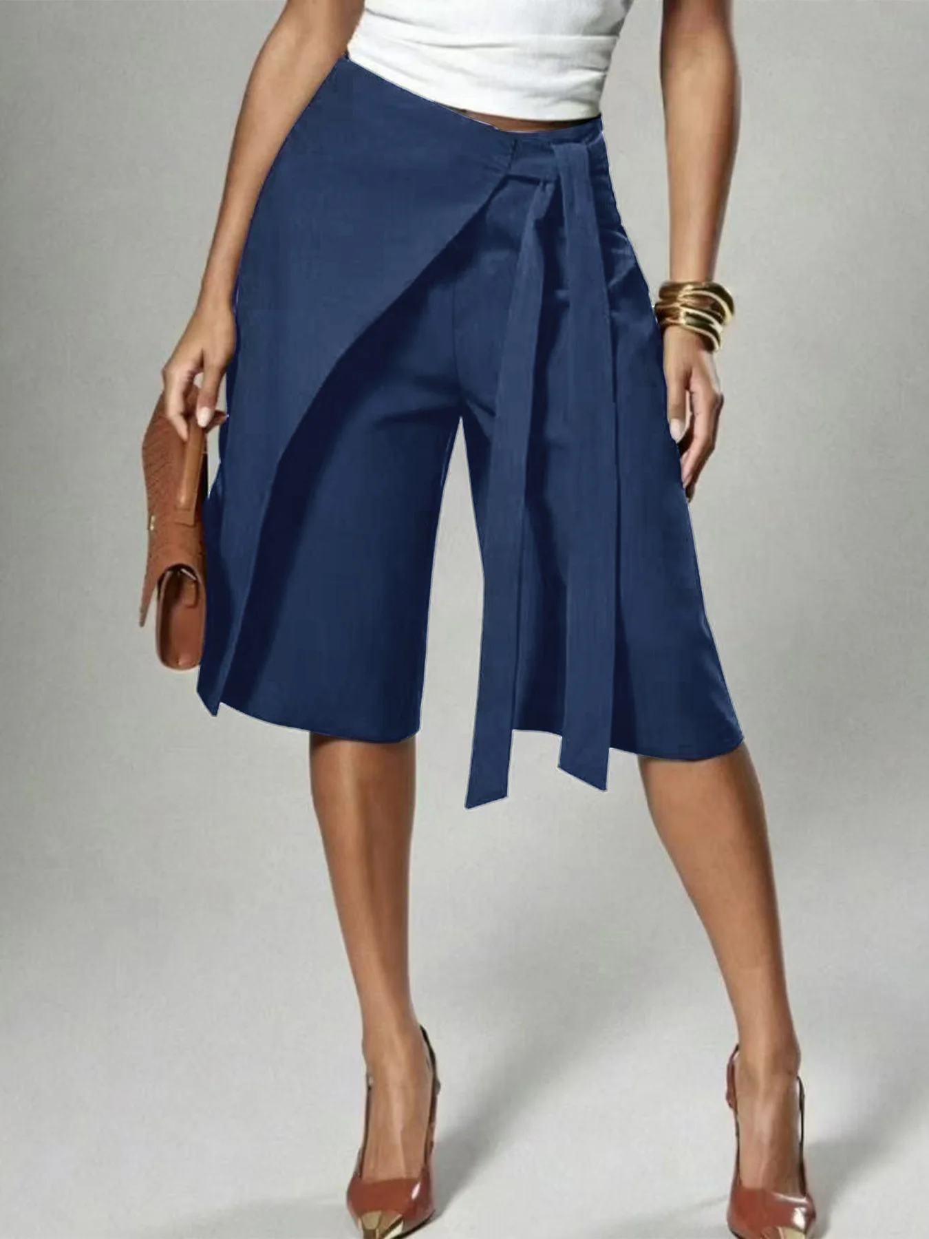 FAGADOER Women Wrap Front Bermuda Shorts High Waist Tie Wide Leg Culotte Pants Office Lady Casual Fashion Workwear Bottoms