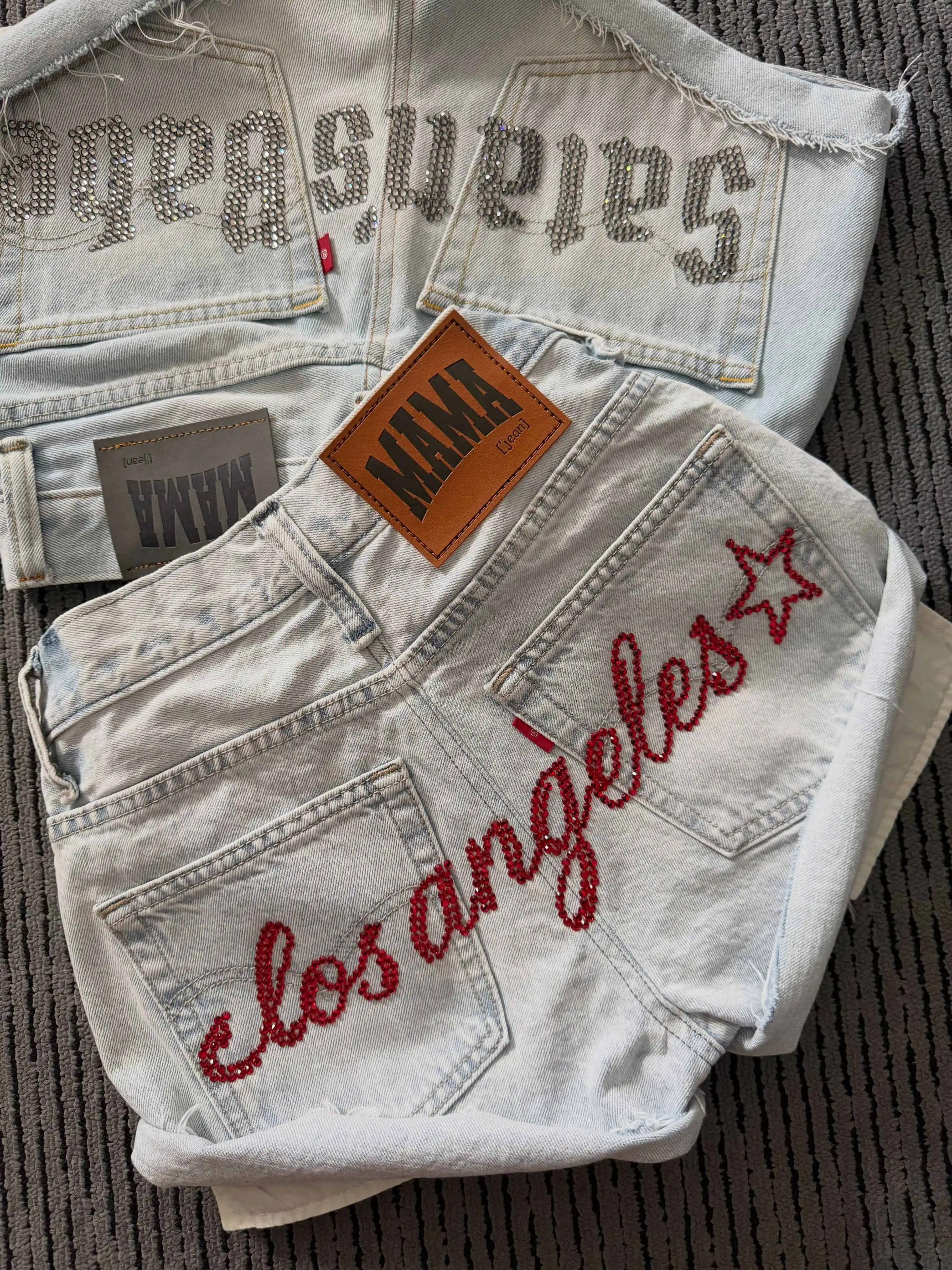 Women Retro Red Sexy Rhinestone Light Blue Washed Denim Shorts Street Hip Hop Spicy Girl Slim Fit Hot Pants Low Waist Shorts