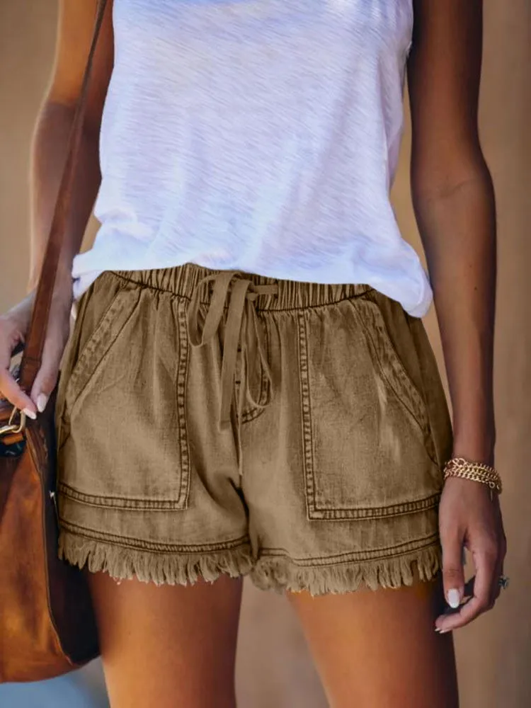 Women's Elastic Waist Fringe Mid Waist Washed Knee Length Straight Leg Denim Shorts with Front Pocket for Summer Outdoor Casual