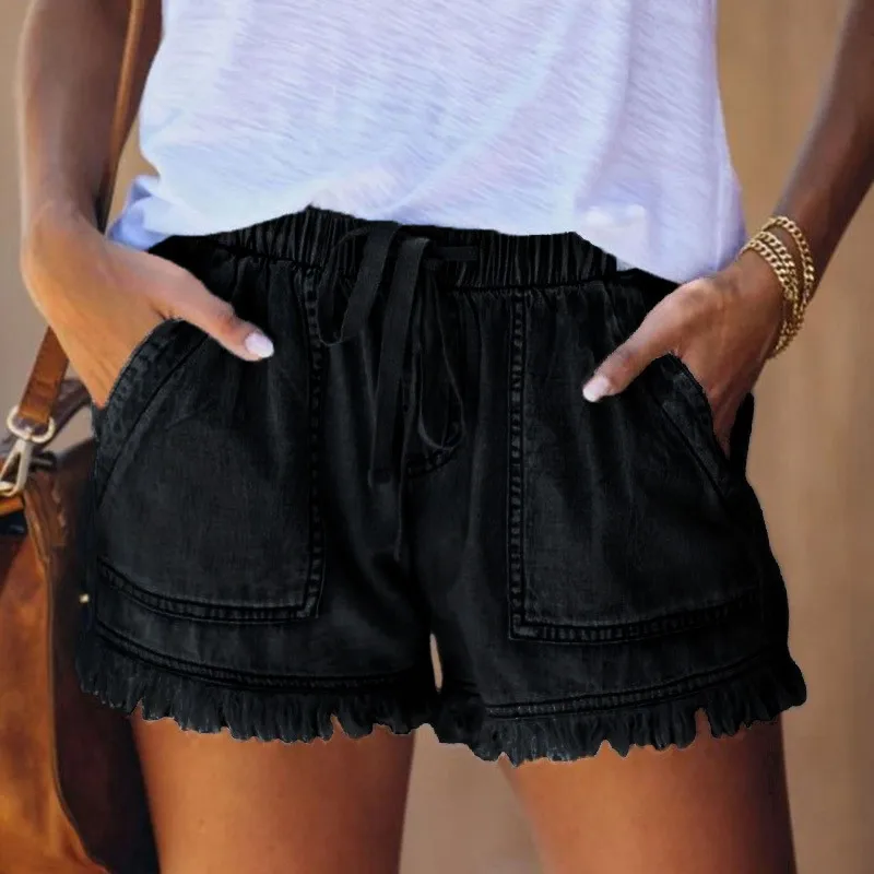 Women's Elastic Waist Fringe Mid Waist Washed Knee Length Straight Leg Denim Shorts with Front Pocket for Summer Outdoor Casual