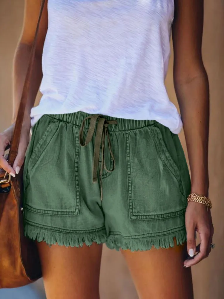Women's Elastic Waist Fringe Mid Waist Washed Knee Length Straight Leg Denim Shorts with Front Pocket for Summer Outdoor Casual