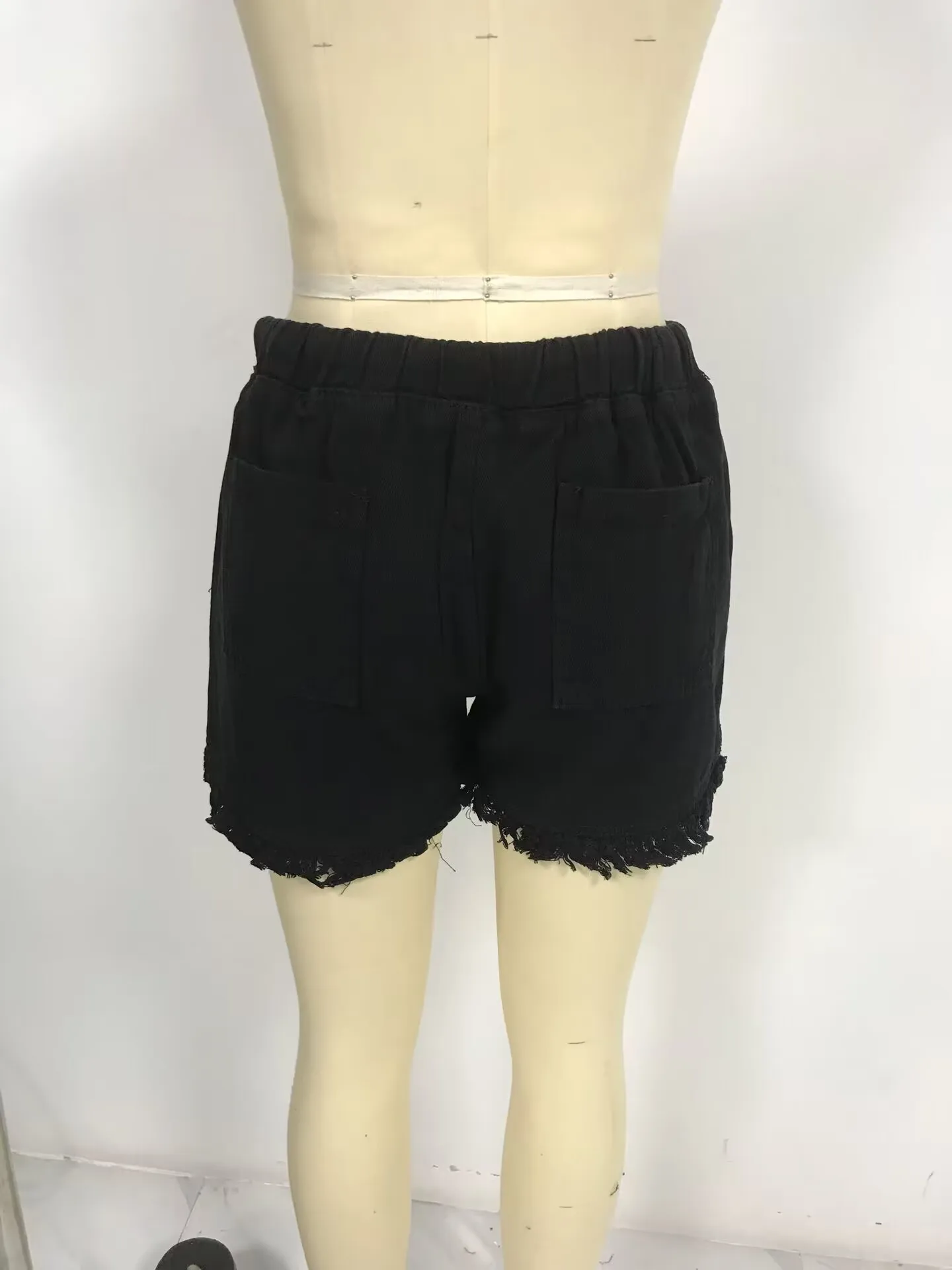 Women's Elastic Waist Fringe Mid Waist Washed Knee Length Straight Leg Denim Shorts with Front Pocket for Summer Outdoor Casual