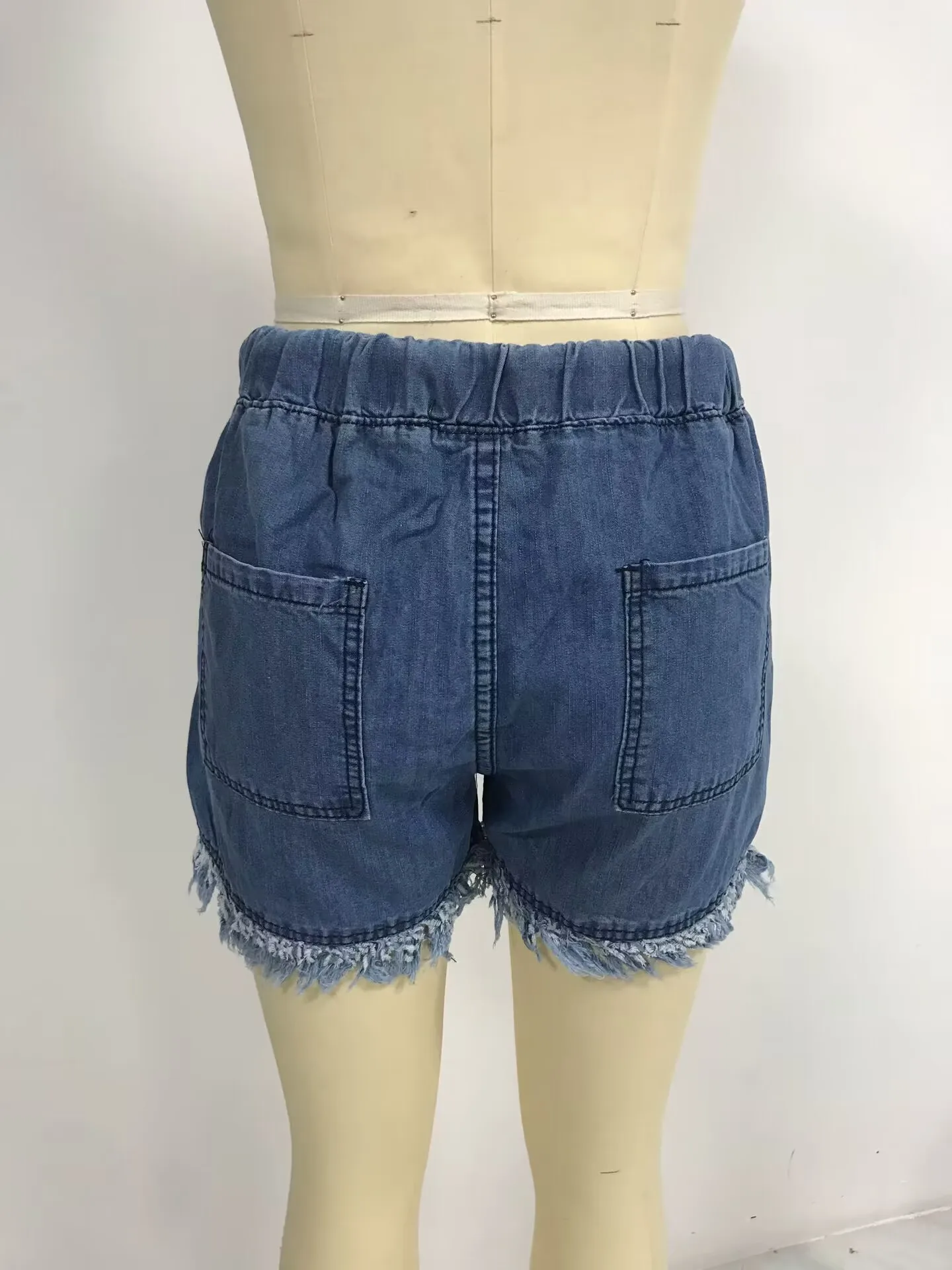 Women's Elastic Waist Fringe Mid Waist Washed Knee Length Straight Leg Denim Shorts with Front Pocket for Summer Outdoor Casual