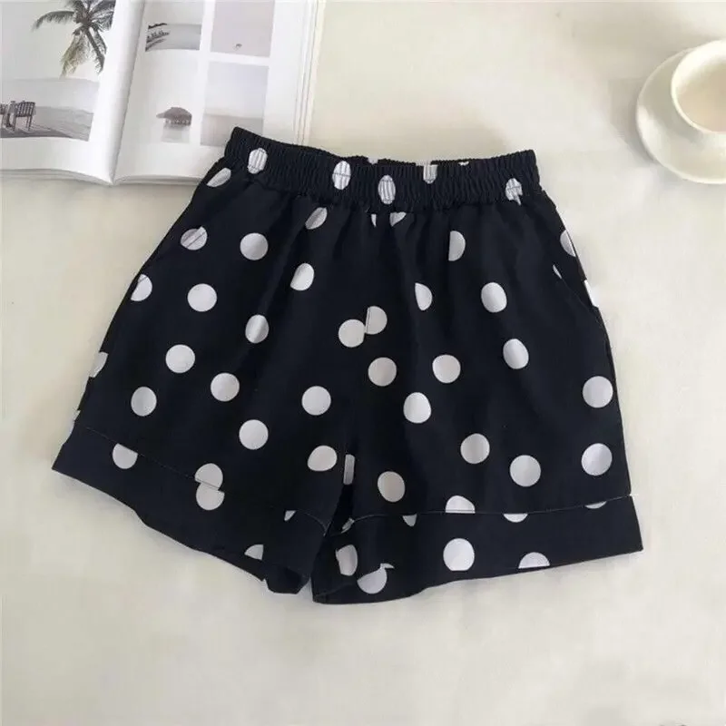 Elastic Waist Dot Loose All-match Youth Vintage A-line Casual Shorts Summer Print Fashion Wide Leg Pants Trend Women Clothing