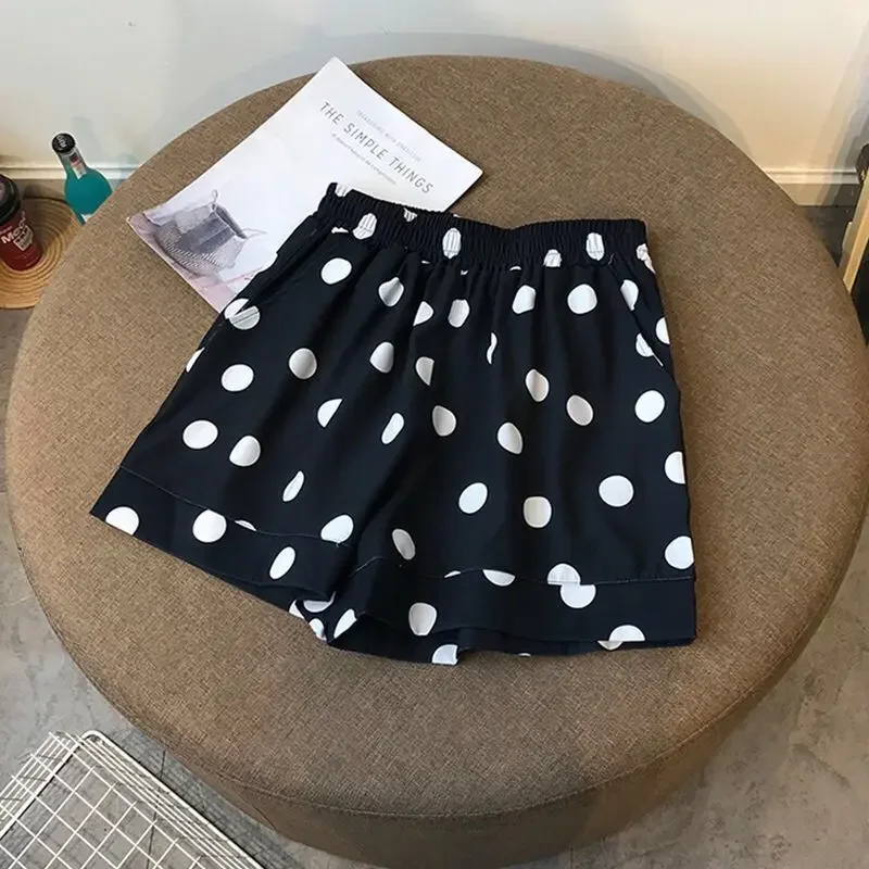 Elastic Waist Dot Loose All-match Youth Vintage A-line Casual Shorts Summer Print Fashion Wide Leg Pants Trend Women Clothing
