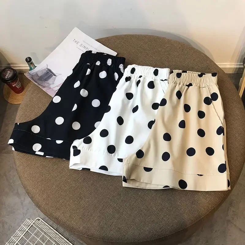 Elastic Waist Dot Loose All-match Youth Vintage A-line Casual Shorts Summer Print Fashion Wide Leg Pants Trend Women Clothing