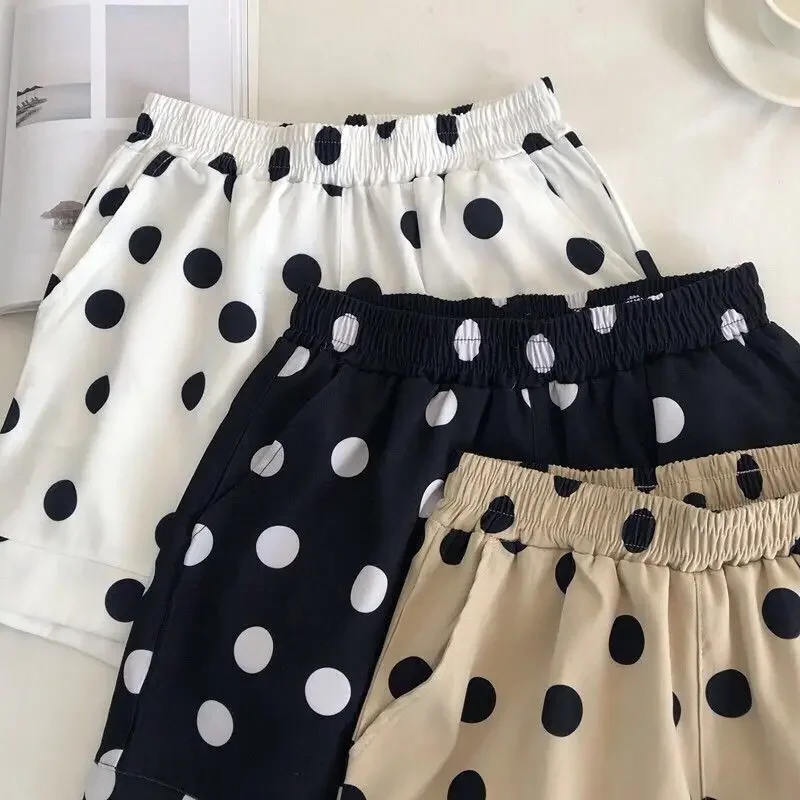 Elastic Waist Dot Loose All-match Youth Vintage A-line Casual Shorts Summer Print Fashion Wide Leg Pants Trend Women Clothing