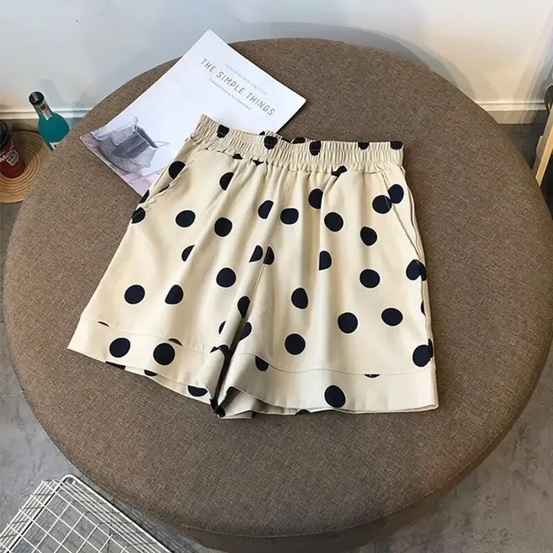 Elastic Waist Dot Loose All-match Youth Vintage A-line Casual Shorts Summer Print Fashion Wide Leg Pants Trend Women Clothing