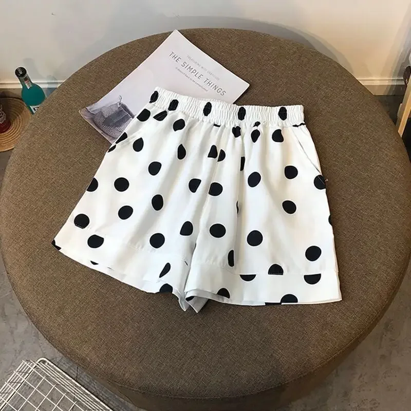 Elastic Waist Dot Loose All-match Youth Vintage A-line Casual Shorts Summer Print Fashion Wide Leg Pants Trend Women Clothing