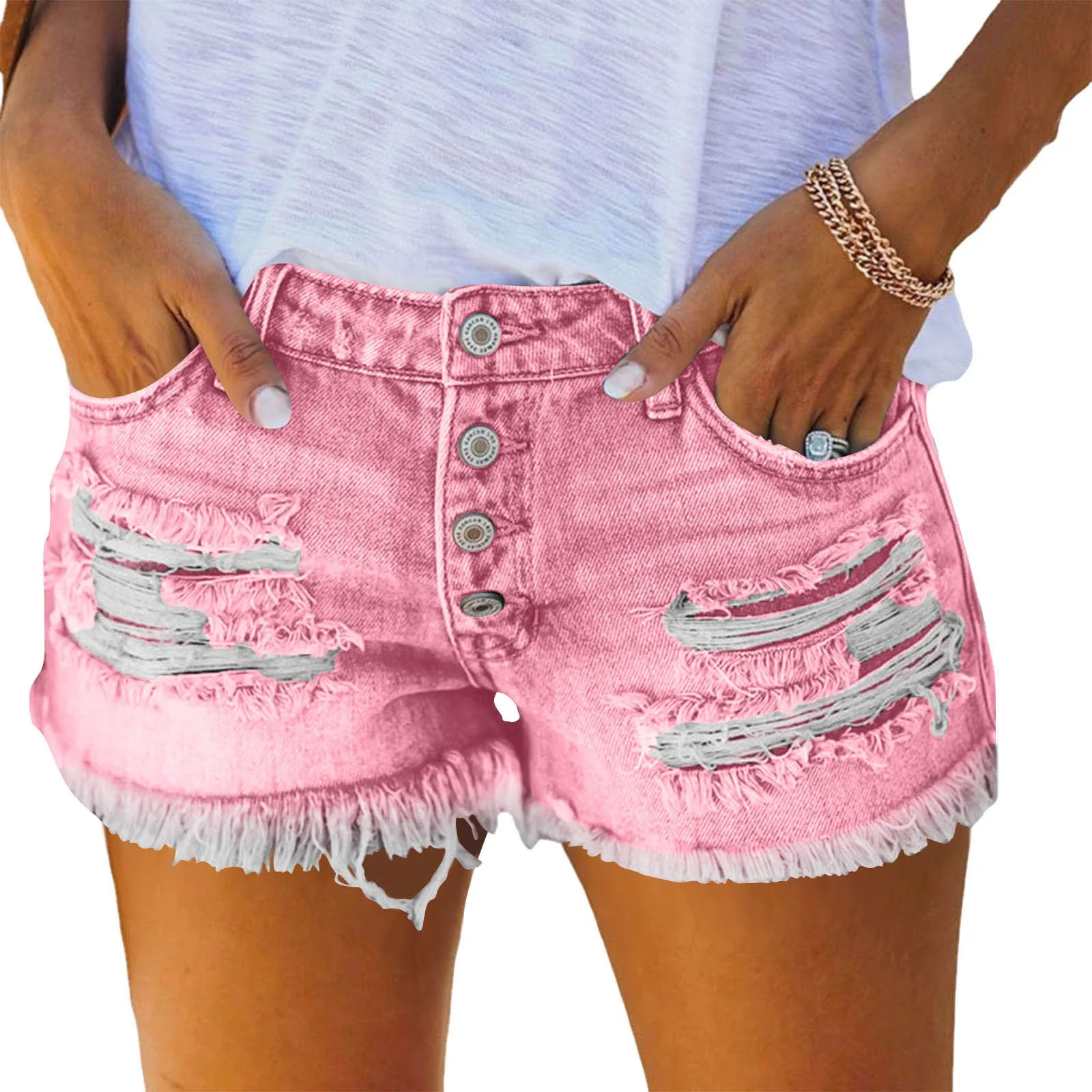 Women's Low Waist Cotton Capri Length Brushed Lightweight Skinny Washed Straight Leg Streetwear Summer Shorts with Frayed Hem