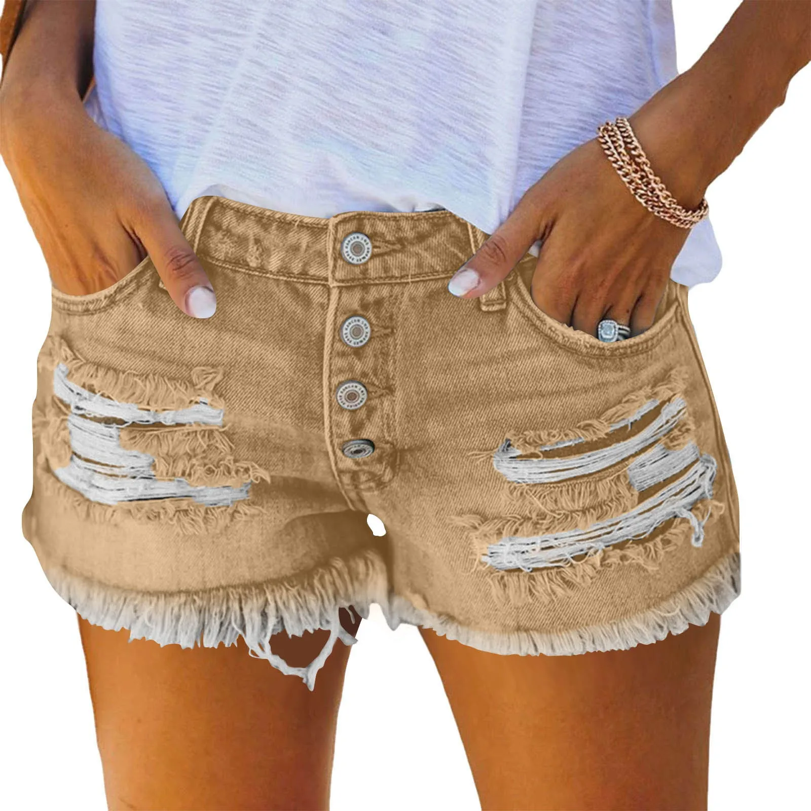 Women's Low Waist Cotton Capri Length Brushed Lightweight Skinny Washed Straight Leg Streetwear Summer Shorts with Frayed Hem