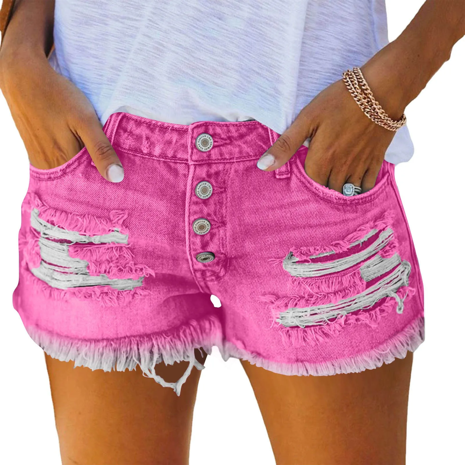 Women's Low Waist Cotton Capri Length Brushed Lightweight Skinny Washed Straight Leg Streetwear Summer Shorts with Frayed Hem