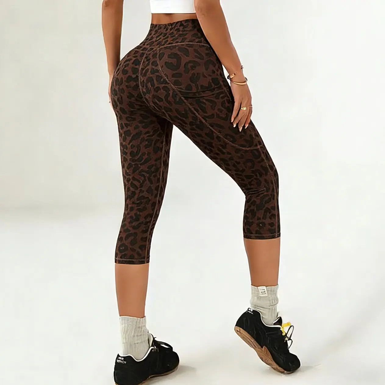 Women Leopard Print Capri Shorts Leggings High Waist Butt Lifting Yoga Gym Workout Running Sports Fitness Pants With Pockets