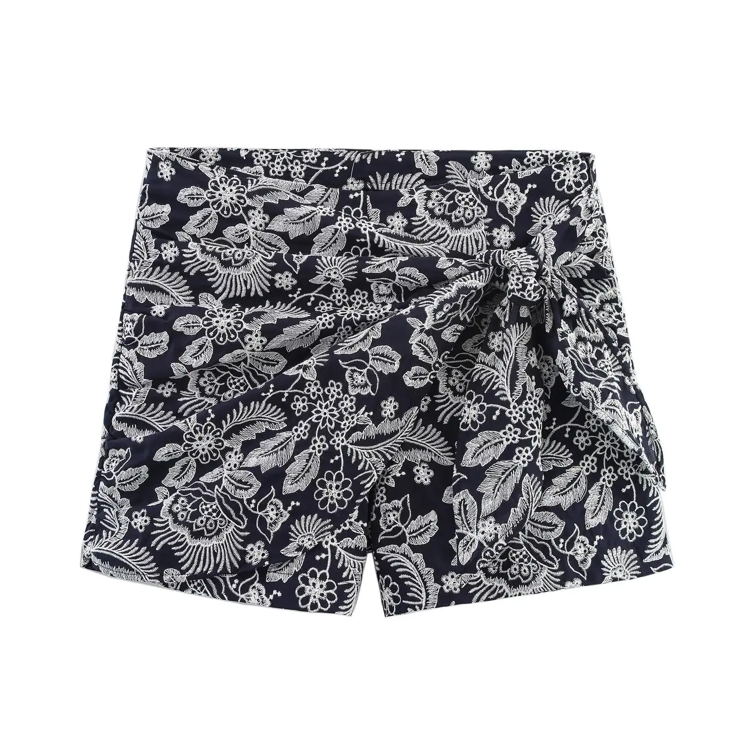 YENKYE New 2025 Women Floral Embroidery Knot Shorts Skirts Vintage High Waist Side Zipper Casual Summer Skort Pantalones Cortos