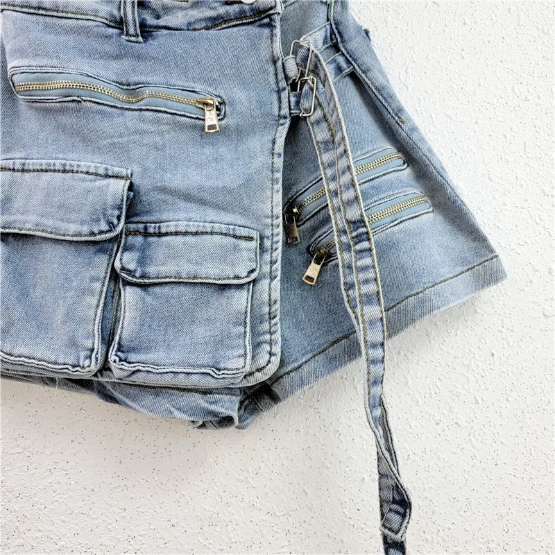 Denim Skirt Women Jeans Culottes Cargo Shorts Irregular Washed High Waist Multiple Y2k Punk Streetwear Short Pants Summer 2025