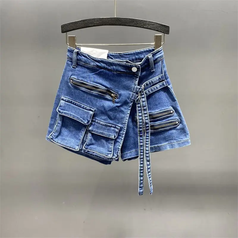 Denim Skirt Women Jeans Culottes Cargo Shorts Irregular Washed High Waist Multiple Y2k Punk Streetwear Short Pants Summer 2025