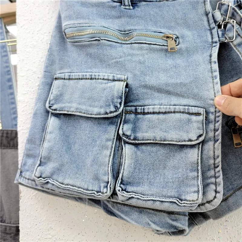 Denim Skirt Women Jeans Culottes Cargo Shorts Irregular Washed High Waist Multiple Y2k Punk Streetwear Short Pants Summer 2025