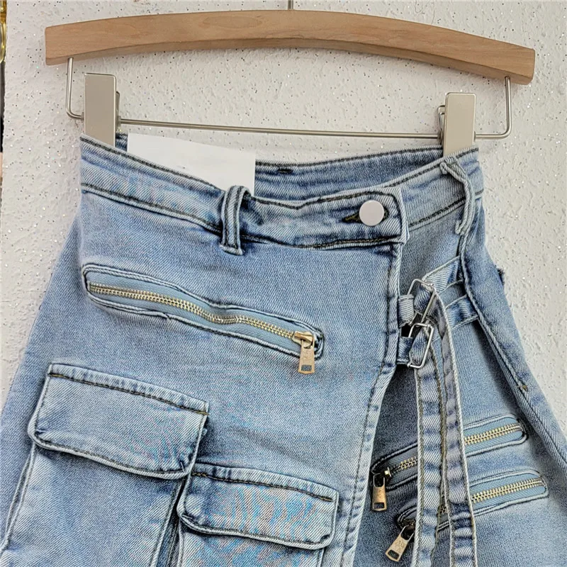 Denim Skirt Women Jeans Culottes Cargo Shorts Irregular Washed High Waist Multiple Y2k Punk Streetwear Short Pants Summer 2025