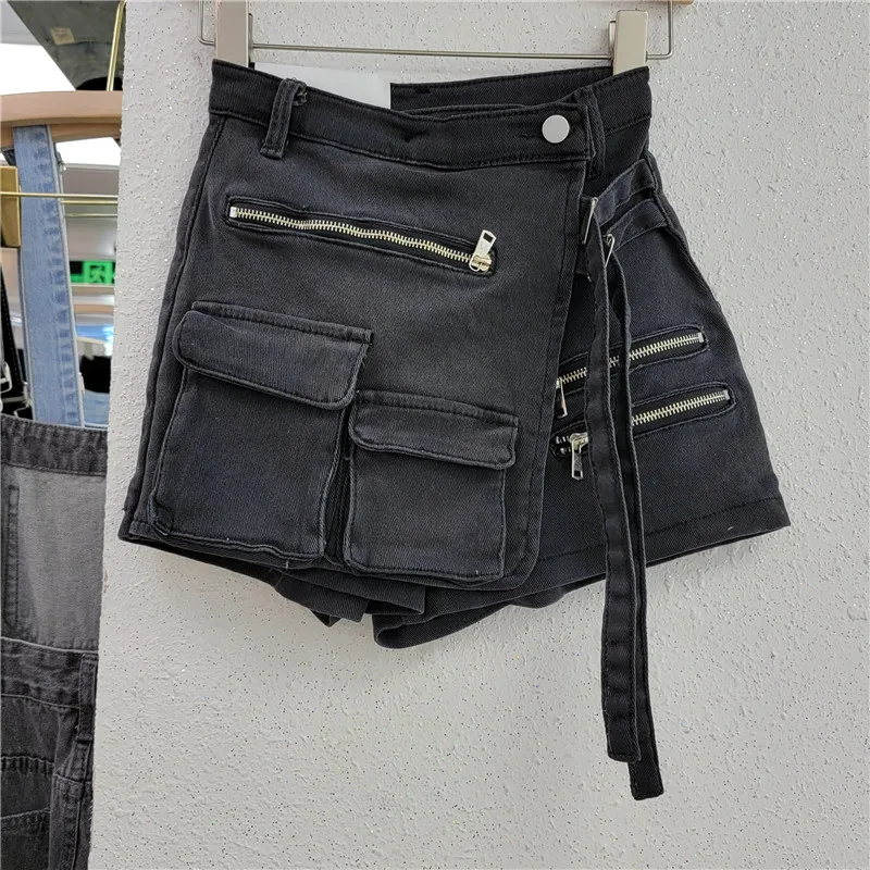 Denim Skirt Women Jeans Culottes Cargo Shorts Irregular Washed High Waist Multiple Y2k Punk Streetwear Short Pants Summer 2025