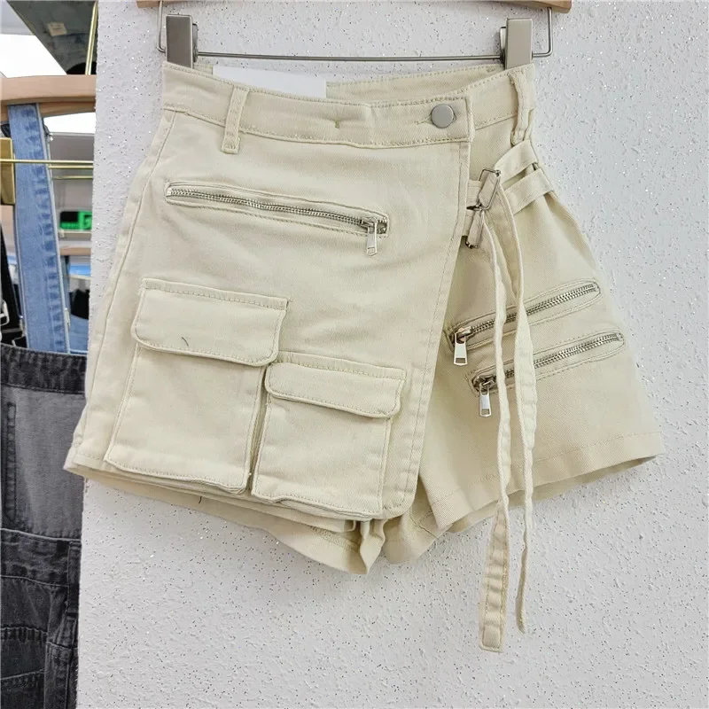 Denim Skirt Women Jeans Culottes Cargo Shorts Irregular Washed High Waist Multiple Y2k Punk Streetwear Short Pants Summer 2025