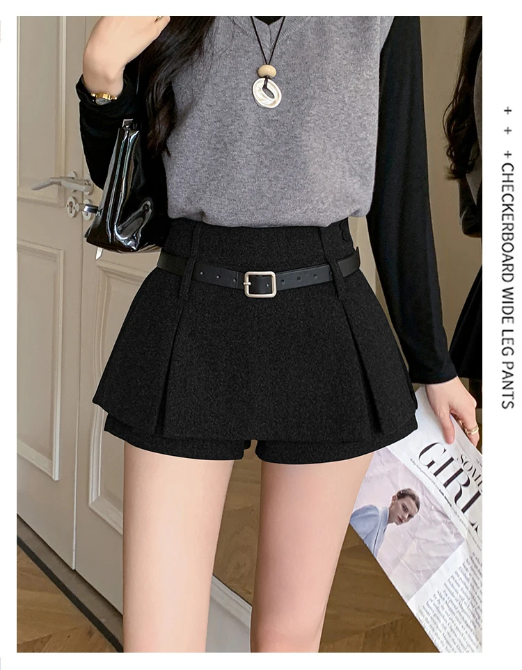 High Waist Gray Thicking Woman Wool Skirts Shorts With Belt Preppy Style Casual Slim Hot Sweet Short Pleated Skirt Lady