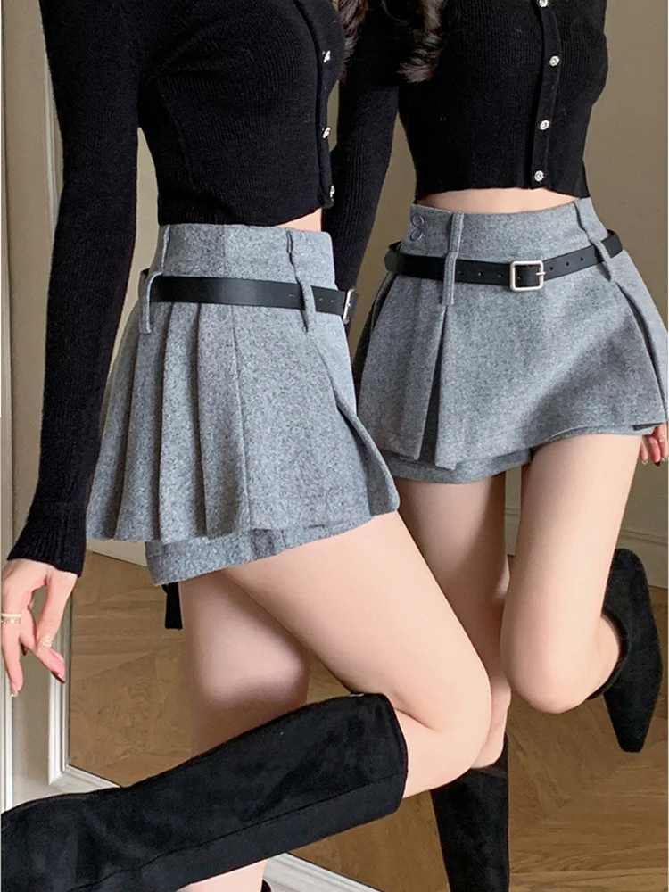 High Waist Gray Thicking Woman Wool Skirts Shorts With Belt Preppy Style Casual Slim Hot Sweet Short Pleated Skirt Lady