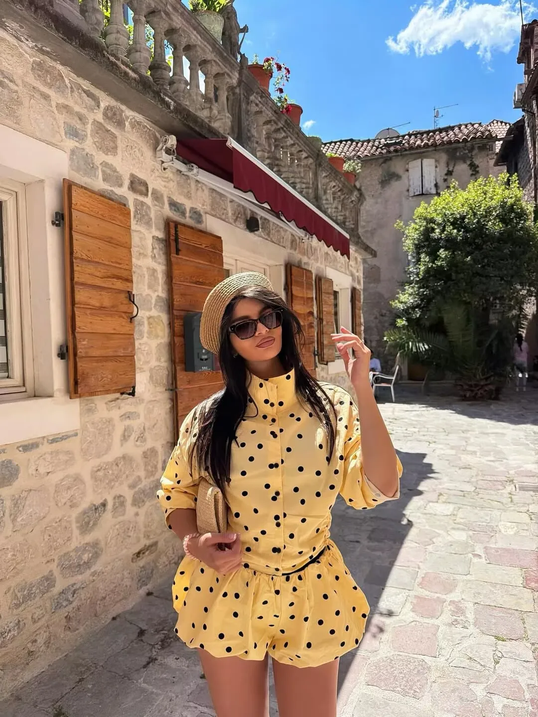 YENKYE New 2026 Women Yellow Polka Dot Bubble Shorts Elastic Waist Casual Cute Summer Bloomers