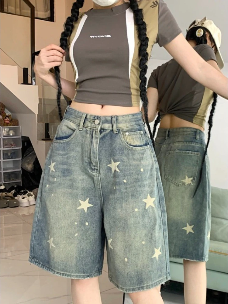 American Retro Washed Vintage Star Denim Shorts Y2k Straight Loose Wide Leg Pants 2026 New All-match Five-point Pants