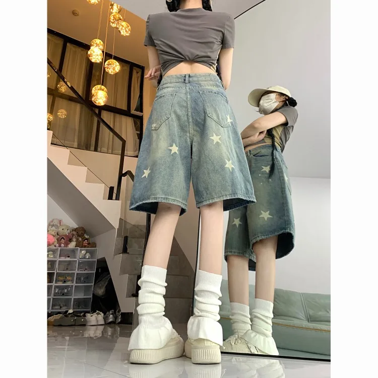 American Retro Washed Vintage Star Denim Shorts Y2k Straight Loose Wide Leg Pants 2026 New All-match Five-point Pants