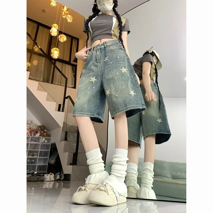 American Retro Washed Vintage Star Denim Shorts Y2k Straight Loose Wide Leg Pants 2026 New All-match Five-point Pants
