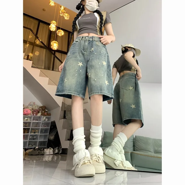 American Retro Washed Vintage Star Denim Shorts Y2k Straight Loose Wide Leg Pants 2026 New All-match Five-point Pants