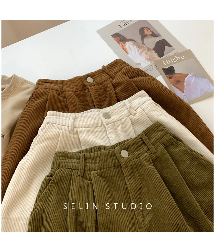 2024 New Corduroy Women's Cargo Shorts Autumn Winter High Waist Wide Leg Shorts Casual Vintage Female Trousers Fashion