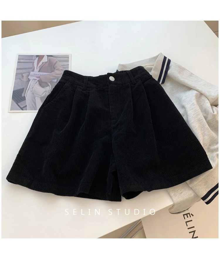 2024 New Corduroy Women's Cargo Shorts Autumn Winter High Waist Wide Leg Shorts Casual Vintage Female Trousers Fashion